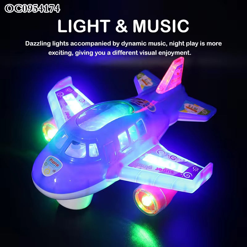 KIDZPAPA Flash electric airplane toy for kids with lights and music, showcasing colorful airplane design and interactive features.