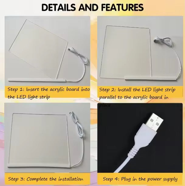 KIDZPAPA LED acrylic writing board with stand, colorful markers, and removable template for creative drawing and writing.