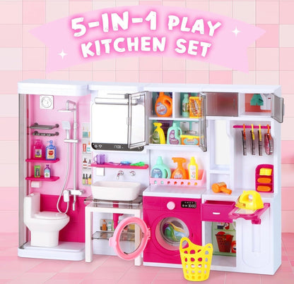 Mini Bathroom Playset, Play Bathroom Toys for Dolls with Lights & Sounds, Dressing Table, Furniture, Bathroom Accessories, 35PCS Kids Pink Pretend Play Toy Gifts for Girls 3 4 5 6 Year Old