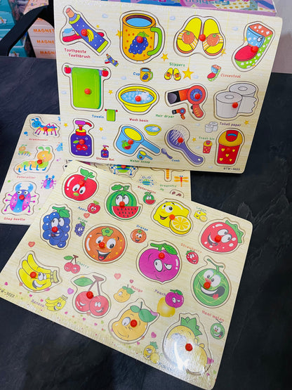 1 High Quality Educational Wooden Puzzle– Animals, Insects, Fruits & Veggies ( One Random Board )
