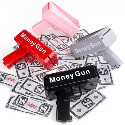 KIDZPAPA money gun toy releasing fake cash, designed for fun and party entertainment with bright colors and realistic cash bills.