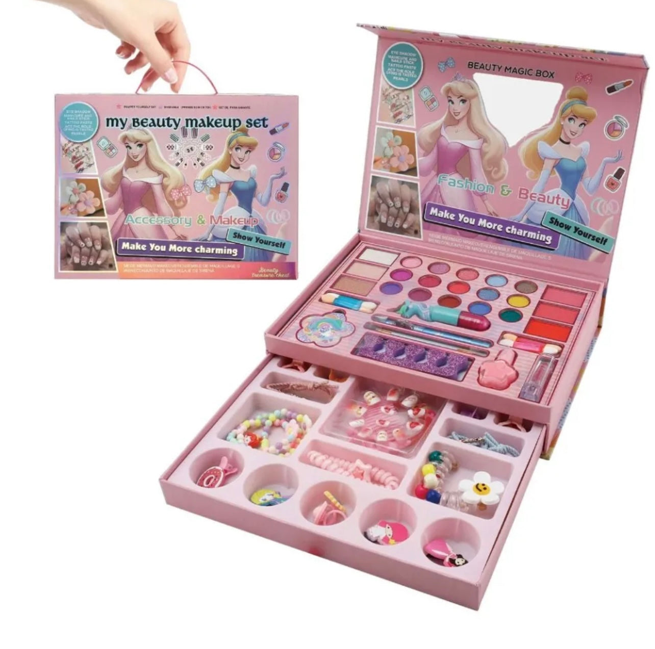 KIDZPAPA Princess Makeup Box Set with hair accessories and bead bracelet kit, featuring colorful makeup, hair clips, and jewelry beads.