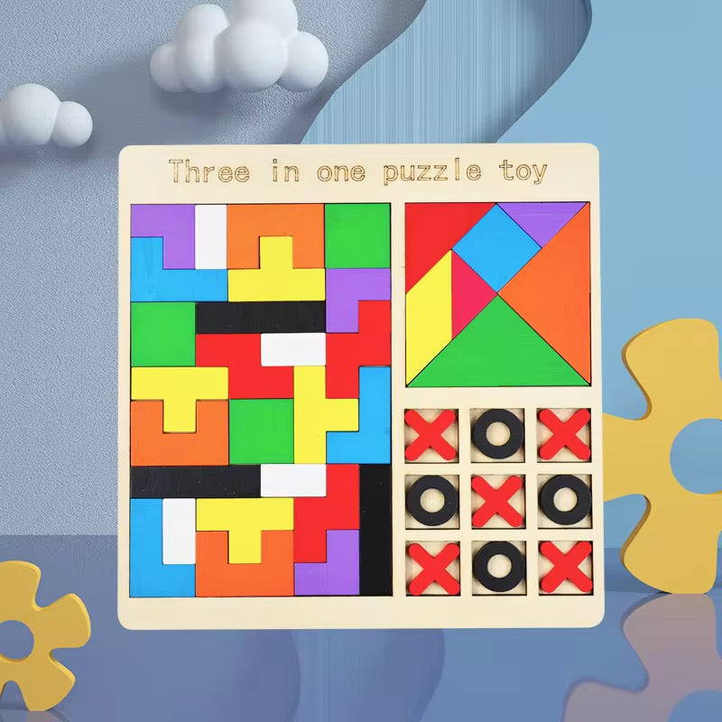 3-in-1 Wooden Puzzle Set – ABC, Shapes & 3D Puzzle Game for Kids | Educational Learning Toy