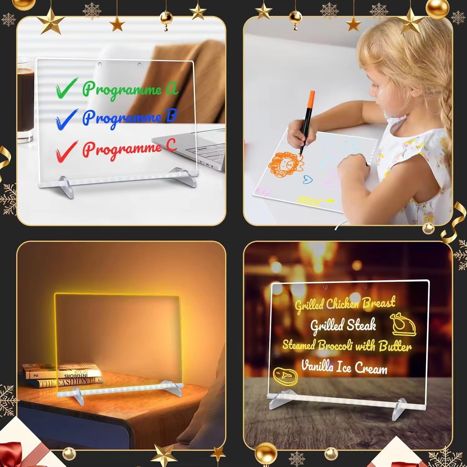 KIDZPAPA LED acrylic writing board with stand and colorful markers, featuring a removable template for creative drawing and writing.