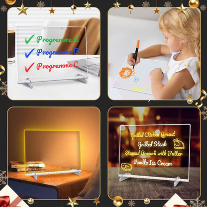 KIDZPAPA LED acrylic writing board with stand and colorful markers, featuring a removable template for creative drawing and writing.