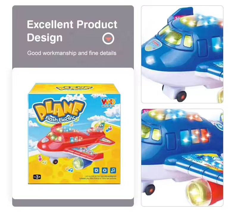 KIDZPAPA Flash electric airplane toy for kids with colorful lights and music, featuring a sleek airplane design for children.