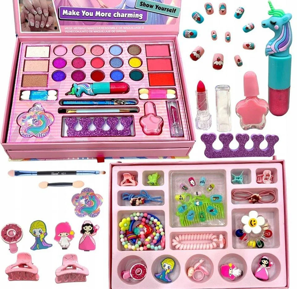 Princess makeup box set by KIDZPAPA with hair accessories and bead bracelet kit, featuring colorful makeup and jewelry items.