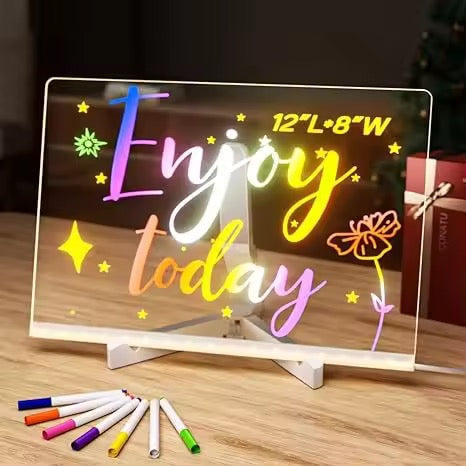 KIDZPAPA LED acrylic writing board with stand, colorful markers, and removable template for kids' drawing and learning activities.