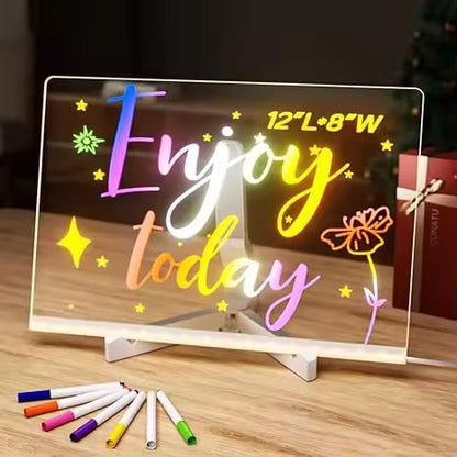 KIDZPAPA LED acrylic writing board with stand, colorful markers, and removable template for kids' drawing and learning activities.