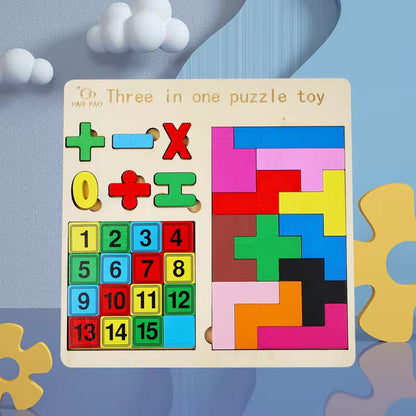3-in-1 Wooden Puzzle Set – ABC, Shapes & 3D Puzzle Game for Kids | Educational Learning Toy
