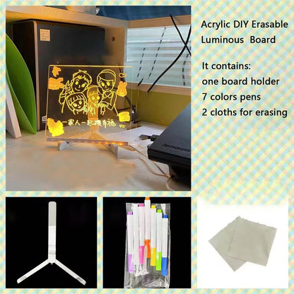 KIDZPAPA LED acrylic writing board with stand, colorful markers, and removable template for creative drawing and writing.