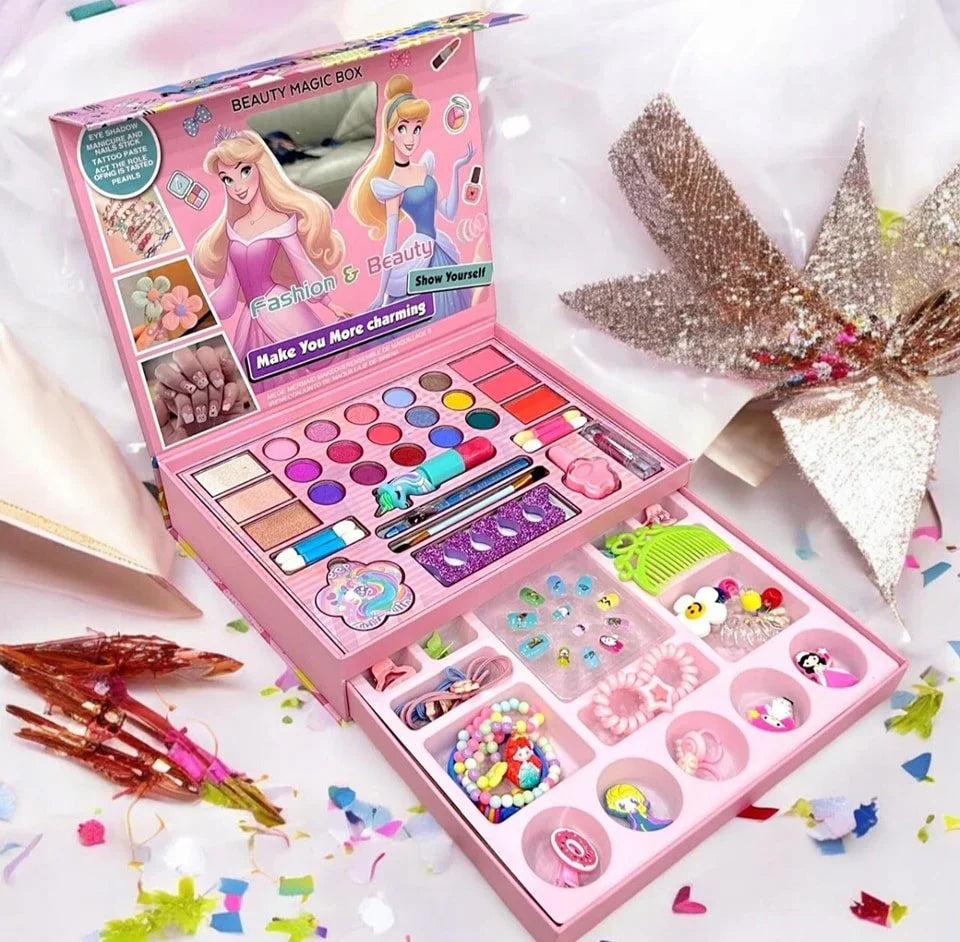Princess makeup box set by KIDZPAPA with hair accessories, bead bracelet kit, featuring colorful makeup and jewelry items.