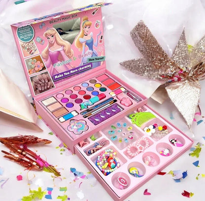 Princess makeup box set by KIDZPAPA with hair accessories, bead bracelet kit, featuring colorful makeup and jewelry items.