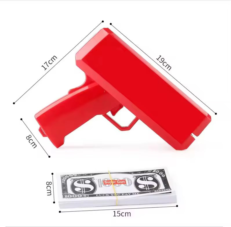 KIDZPAPA money gun spraying fake cash bills, fun toy for kids and teens, colorful plastic design with "Money Gun" label visible.