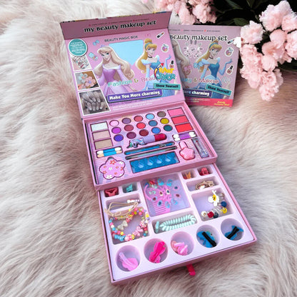 KIDZPAPA Princess makeup box set with hair accessories and bead bracelet kit, featuring colorful makeup, brushes, and jewelry in a pink box.