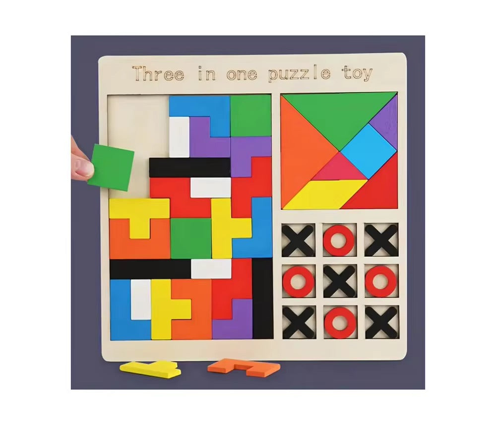 3-in-1 Wooden Puzzle Toy – 3D Jigsaw, XO Game & Thinking Trainer for Kids