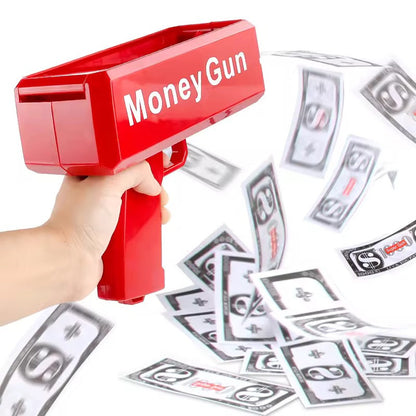 KIDZPAPA Money Gun dispensing real-looking cash for fun, featuring a sleek design and vibrant colors.